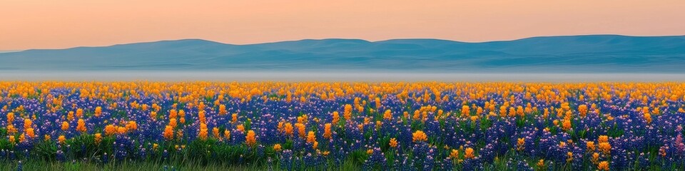 Fototapeta premium Foggy sunrise over vibrant wildflower fields in a serene landscape nature photography