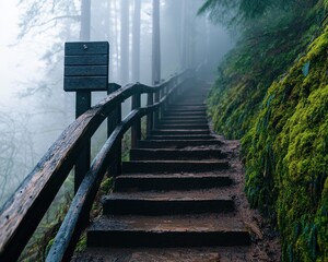 Obraz premium Misty fog trail adventure woodland path nature photography calm atmosphere serene viewpoint