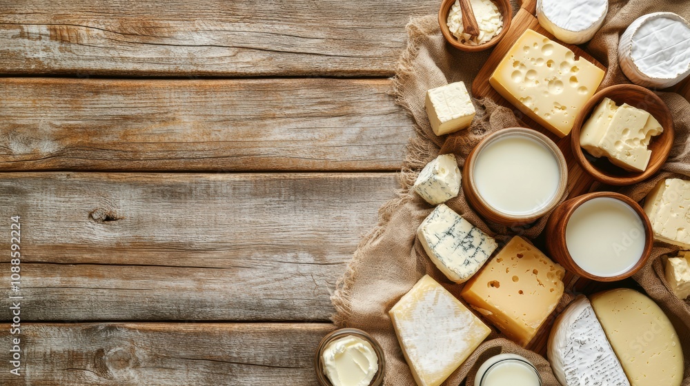 Aufkleber a rustic wooden table showcases a delightful assortment of dairy products like milk, various cheeses