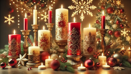 Christmas background with golden glitter and snowflakes and elegant decorated candles