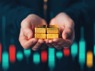 Investor holding gold bars with fluctuating stock market graph in background