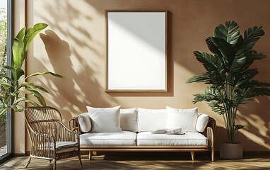 Minimalist living room interior with blank frame mockup.