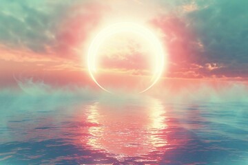 Luminous sky circles with synth wave retro wave vaporwave futuristic aesthetics, glowing neon style, horizontal wallpaper background, and stylish flyer for ad offer with bright colors