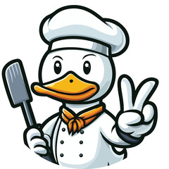 The Peking duck mascot is wearing chef outfit with v shape hand pose in flat style
