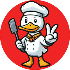 The Peking duck mascot is wearing chef outfit with v shape hand pose in flat style