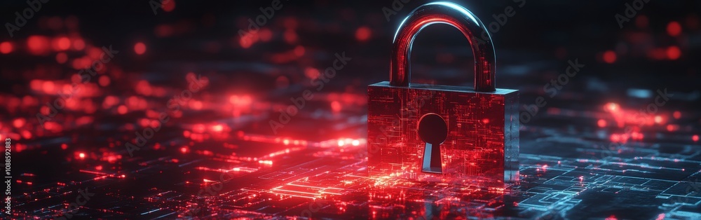 Poster a digital lock stands prominently on a vibrant data grid, illuminated by red lights, emphasizing the