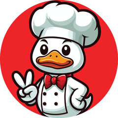 The Peking duck mascot is wearing chef outfit with v shape hand pose in flat style