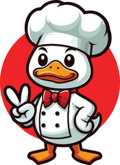 The Peking duck mascot is wearing chef outfit with v shape hand pose in flat style