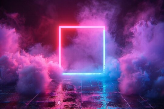 luminous square with synth wave retro wave vaporwave futuristic aesthetics, glowing neon style, and a smoke neon effect in bright colors.