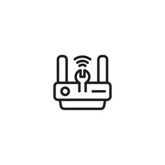 Outline Wi-fi router setting on icon. Wi-fi router with antennas and wave signal. Wireless internet, mobile hotspot, modem with Wi-fi network, internet connection. Editable icon.