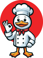 The Peking duck mascot is wearing chef outfit with v shape hand pose in flat style