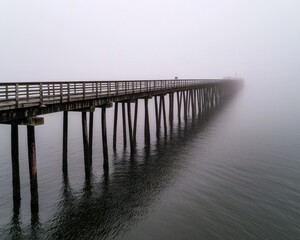 Obraz premium Foggy morning fishing pier coastal waters photography serene environment aesthetic viewpoint