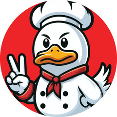 The Peking duck mascot is wearing chef outfit with v shape hand pose in flat style
