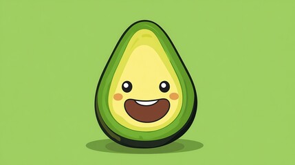 A cartoon avocado with a smiling face on a green background.