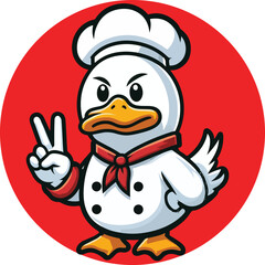 The Peking duck mascot is wearing chef outfit with v shape hand pose in flat style