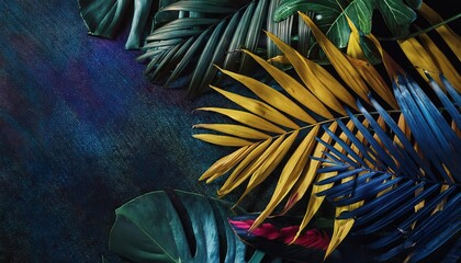 Collection of tropical leaves, foliage plant in yellow, blue, red, green color with space background 
