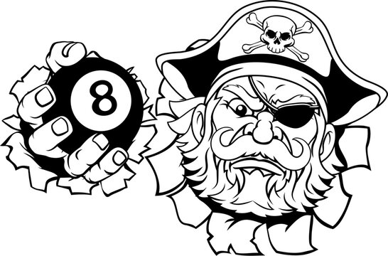 recommend clip art: A pirate angry mean pool billiards mascot cartoon character holding a black 8 ball.