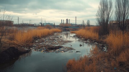 Depiction of Pollution and Environmental Degradation in an Urban Waterway Surrounded by Industrial Structures and Overgrown Vegetation