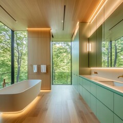 Fototapeta premium A bathroom with a white bathtub and green cabinets