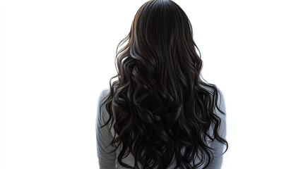 Fototapeta premium Rear view of a woman with long black curly hair on white background.
