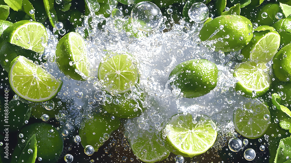 Poster fresh limes exploding in water with splashes and bubbles.
