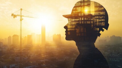 Inspirational Construction Worker Silhouette Against Urban Skyline During Golden Hour with Crane and Building Reflections