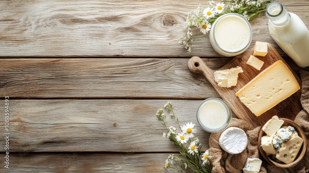 Poster A rustic wooden table is adorned with an array of dairy products such as creamy butter, multiple cheeses, and fresh milk, complemented by flowers. Generative AI