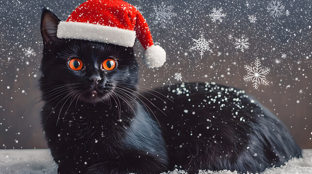 Black cat wearing a Christmas hat with snowflakes