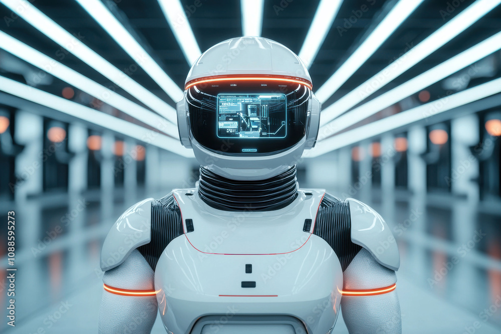 Poster futuristic robot with sleek design and holographic interface