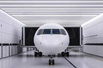 modern airplane in clean maintenance hangar, showcasing advanced technology