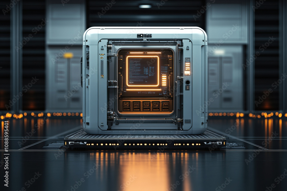 Poster futuristic automated airplane washer with glowing interface and technology