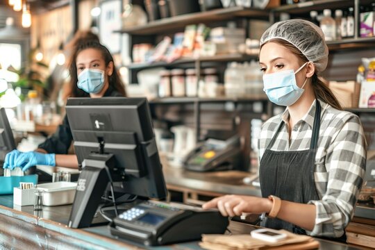 Cashier and customer using contactless payment system at modern retail counter with protective face masks