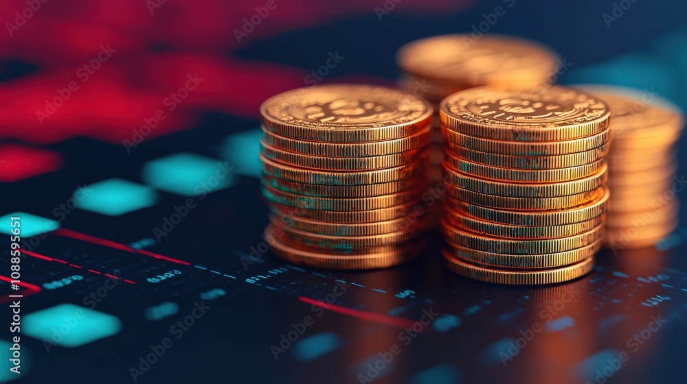 Poster gold coins representing digital currency trading on a screen with charts