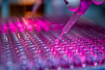 Scientist using micropipette for sample preparation in lab for bioassay of in vitro cells on microplate 96 well for medicine research.