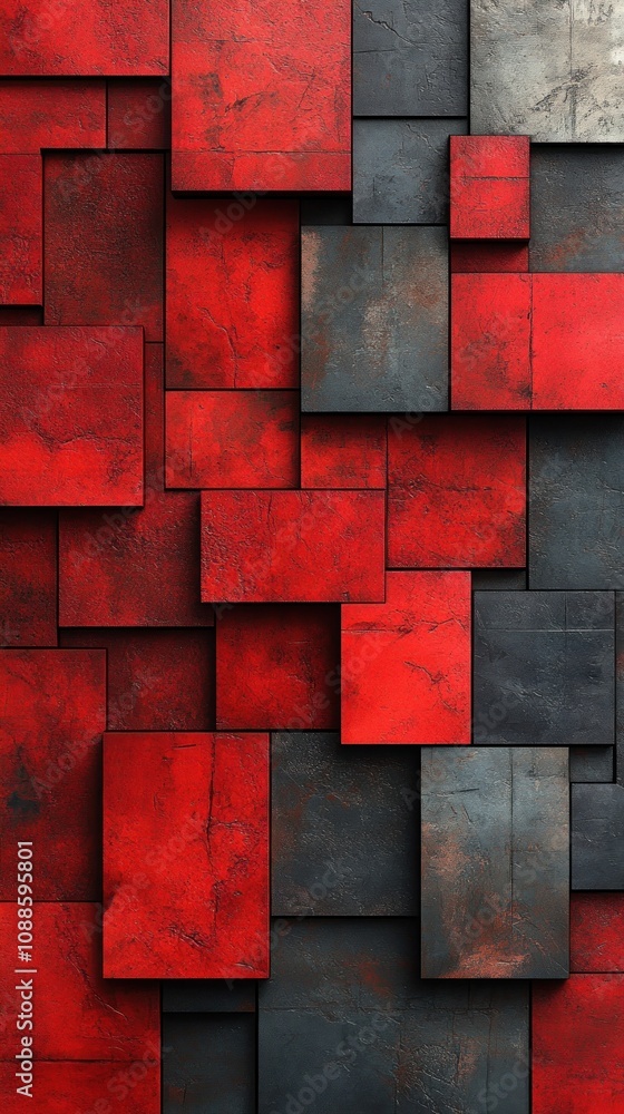 Poster abstract geometric design featuring red and gray textured blocks.