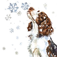 Watercolor Painting of a Liver and White Springer Spaniel Dog Gazing Up at Snowflakes. A charming winter illustration featuring a canine companion enjoying the snowfall.