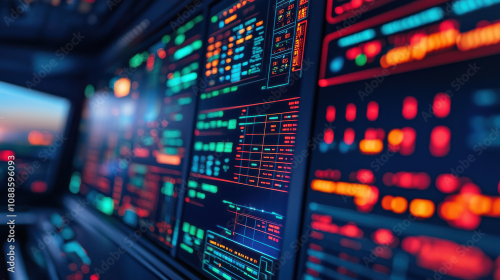 Poster high tech digital control panel with vibrant displays and data visualization