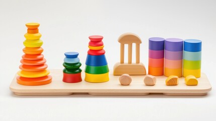 Vibrant Montessori Stacking Toys & Blocks on White Background