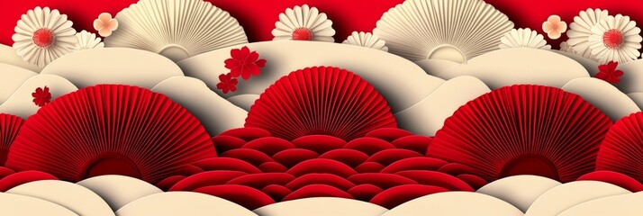 Abstract Background With Red And Gold Chinese Fans For Chinese New Year Or Other Asia Celebration