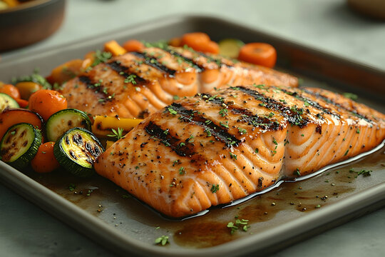 Grilled salmon fillets with roasted vegetables.