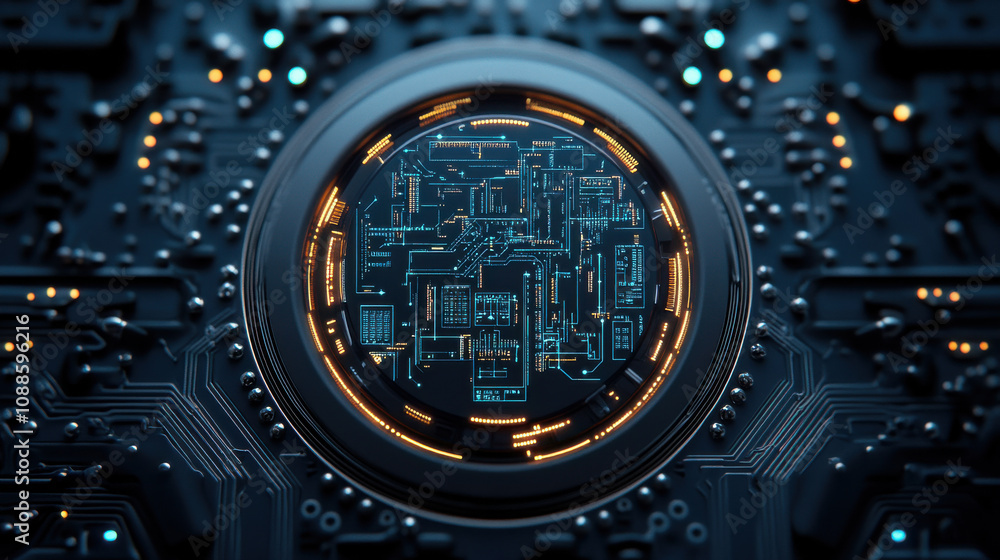 Poster futuristic circuit board with neon patterns and glowing elements