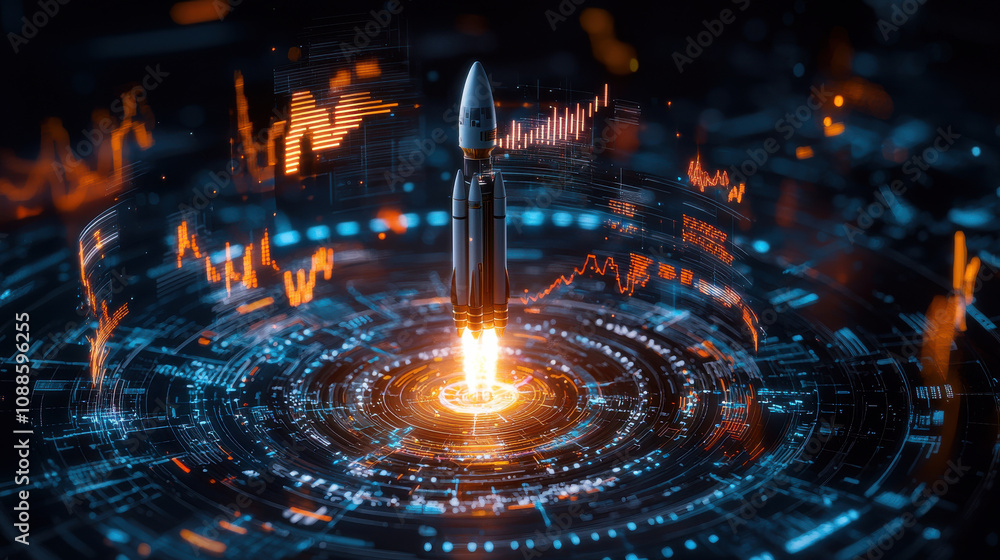 Poster futuristic rocket launch with vibrant digital elements and data visuals