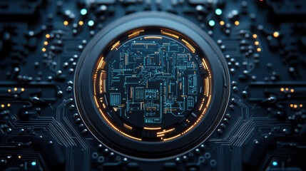 Fototapeta premium Futuristic circuit board with neon patterns and glowing elements