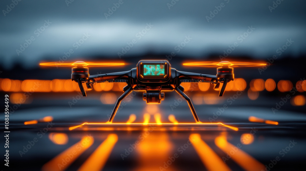 Poster advanced drone with glowing sensors and futuristic design