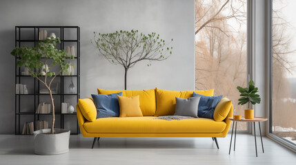 Mustard Yellow Sofa in Modern Living Room with Grey Walls Plants  Bookshelf