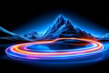 Neon Lights Illuminate Majestic Mountain and Serene Lake at Night