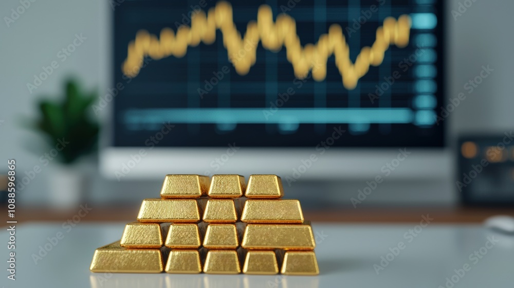Poster gold bars stacked on desk with rising stock prices chart on monitor