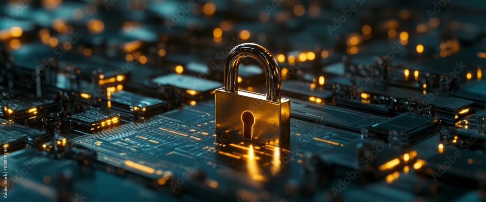 Poster a golden padlock sits prominently on a digital circuit board, symbolizing security in the technology