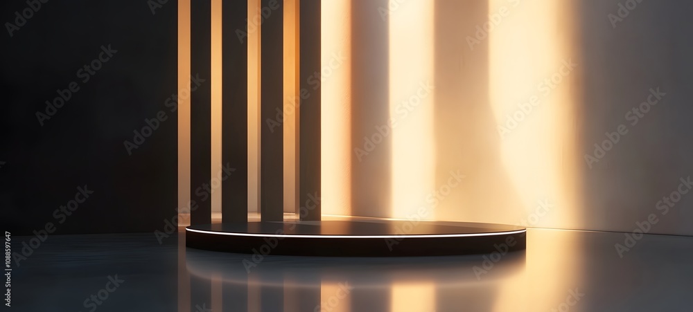 Poster 67. A modern podium with a reflective surface, surrounded by soft ambient light, creating an open space for showcasing a product.