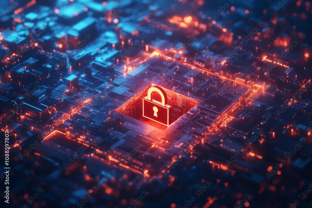 Poster a digital padlock is prominently displayed in the center of an illuminated circuit board at night. t